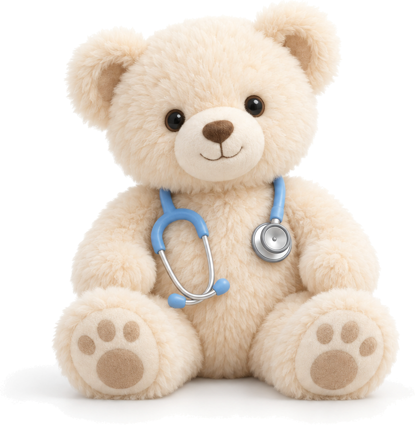 Circuncisión (infantil y en adultos) – Osito de peluche con estetoscopio: ilustración de urología pediátrica