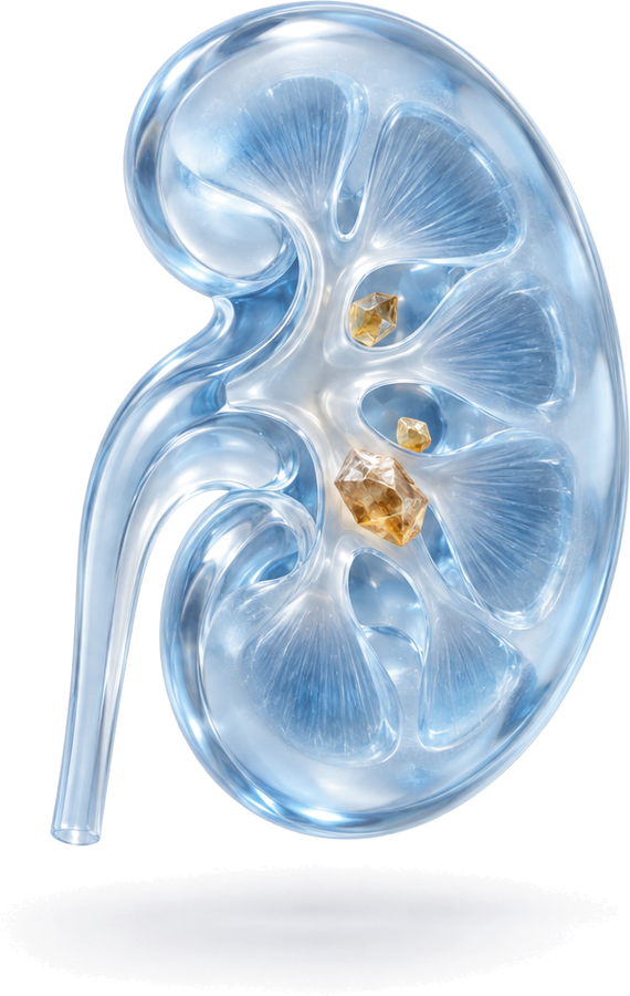 Perkutane Nephrolitholapaxie (PCNL) – 3D-Illustration einer Niere mit Nierensteinen